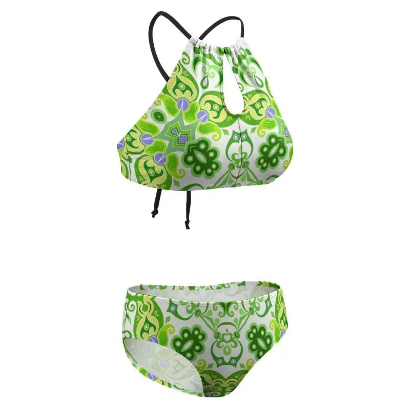 Stylish green geometric print halter bikini perfect for summer beach vibes