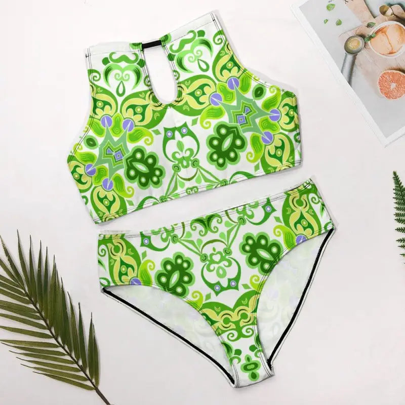 Vibrant green geometric print halter bikini showcasing floral and abstract designs