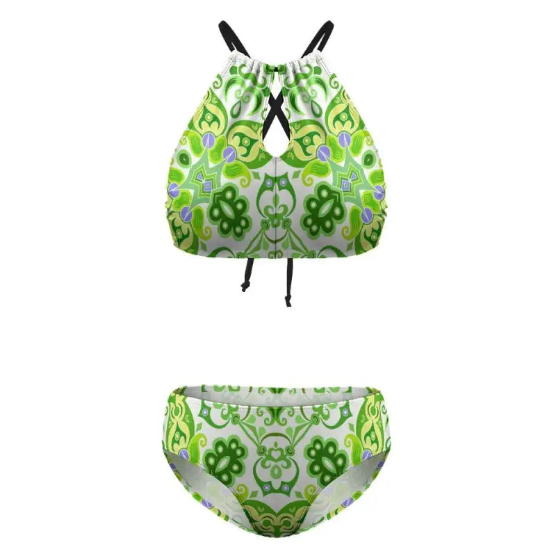 Stylish green geometric print halter bikini perfect for beach days and summer fun