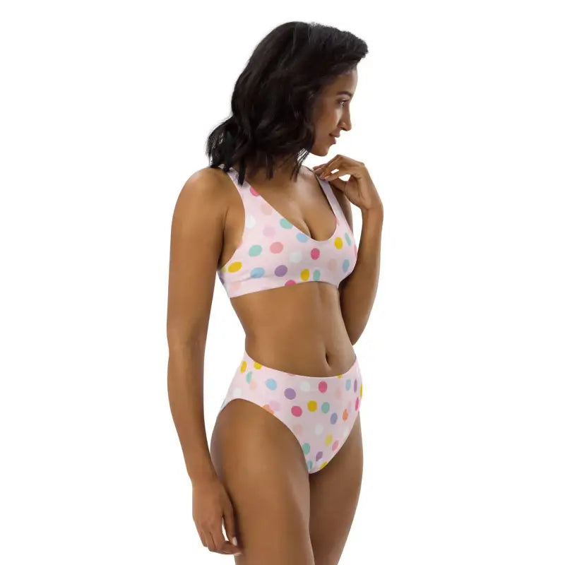 Stylish Pink Polka Dot Sport Bikini with pastel spots on a white background