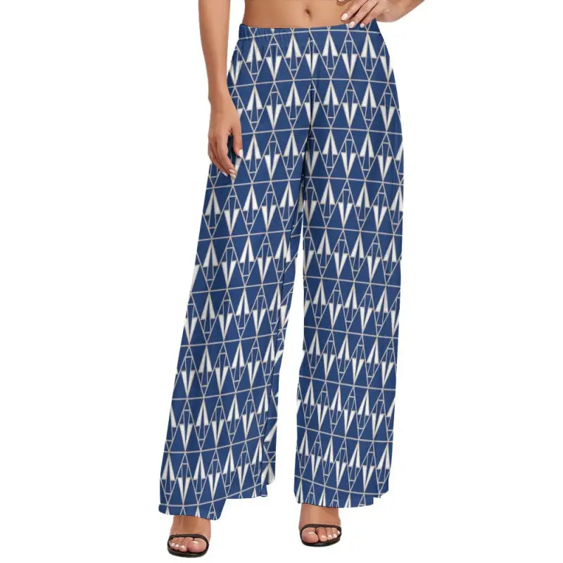 Blue boho wide leg pants with a fun geometric pattern for stylish women