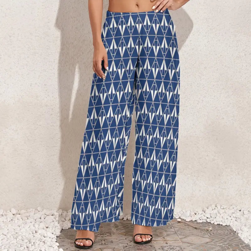 Blue boho wide leg pants with a fun geometric pattern for a stylish look