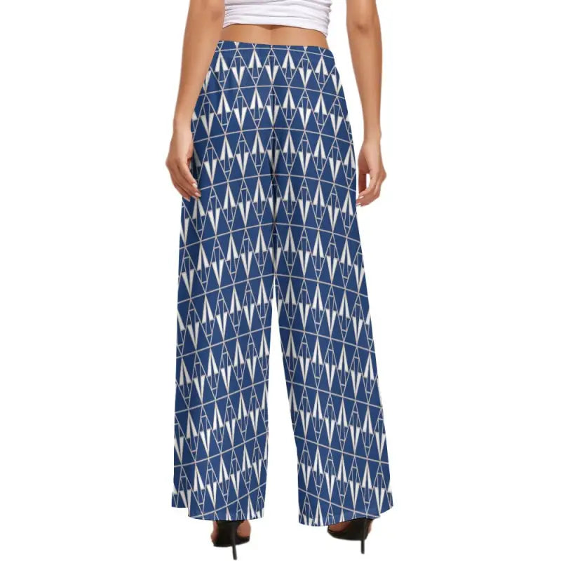 Stylish blue boho wide leg pants with a geometric pattern for a fun, trendy look