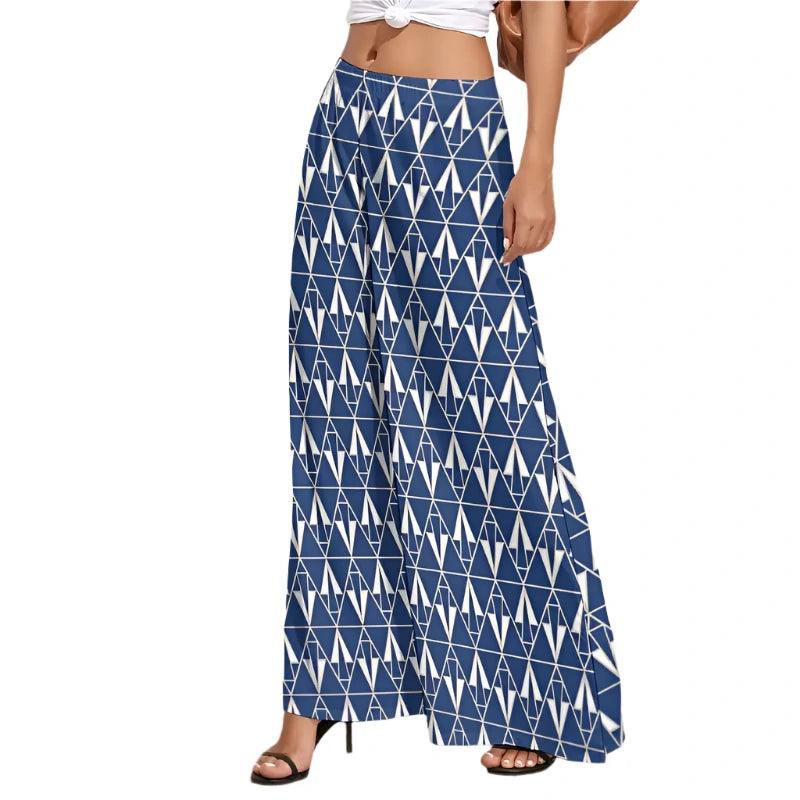 Stylish blue boho wide leg pants with a fun geometric pattern perfect for any occasion