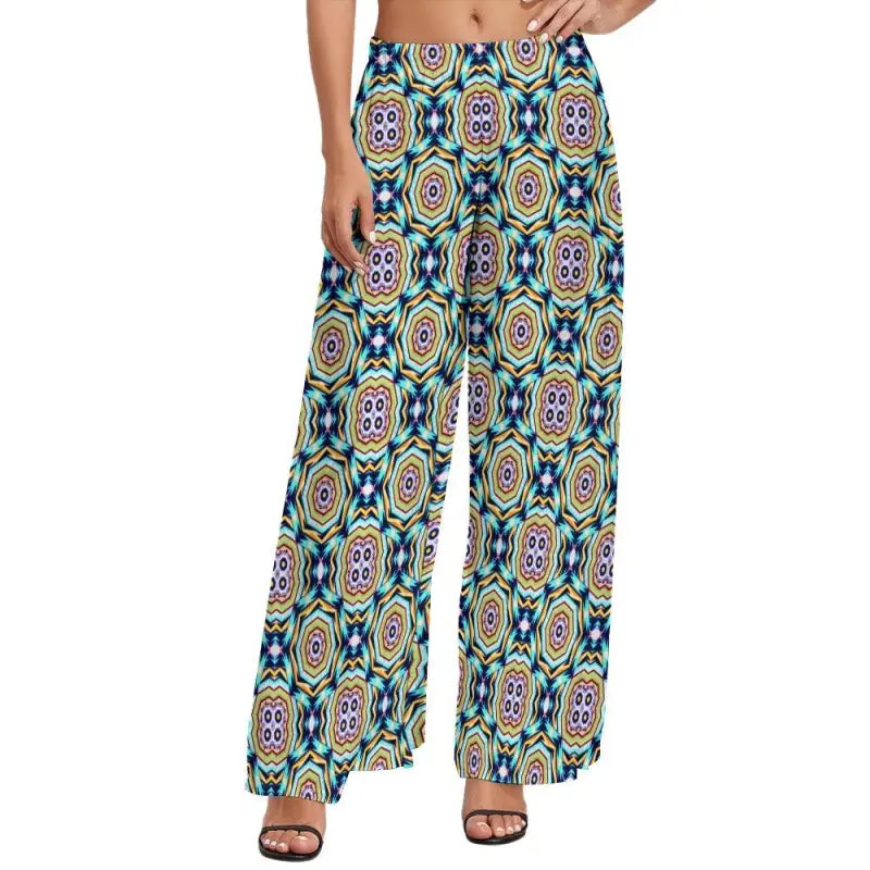 Colorful women’s geometric floral wide leg pants with a funky geometric pattern