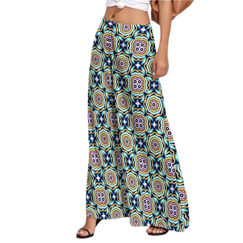 Colorful patterned maxi skirt showcasing geometric floral wide leg pants design