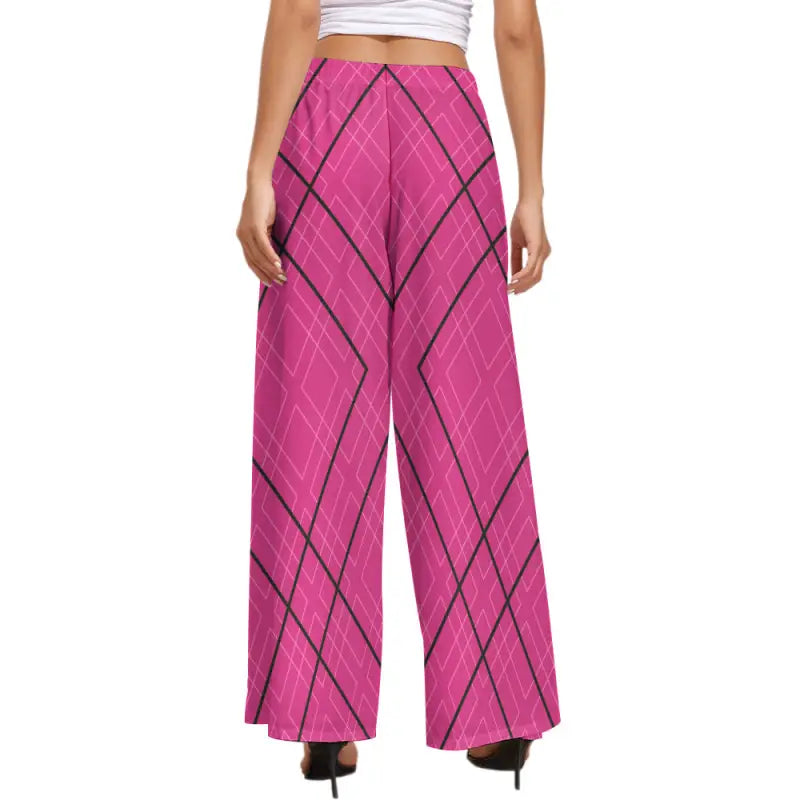 Trendy Pink Geometric Print Wide Leg Pants with Black Diagonal Plaid Pattern