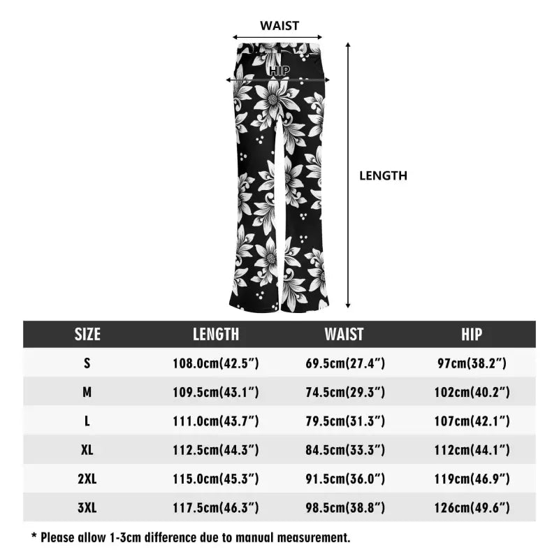 Size chart for white floral print flare pants with waist, length, and hip measurements