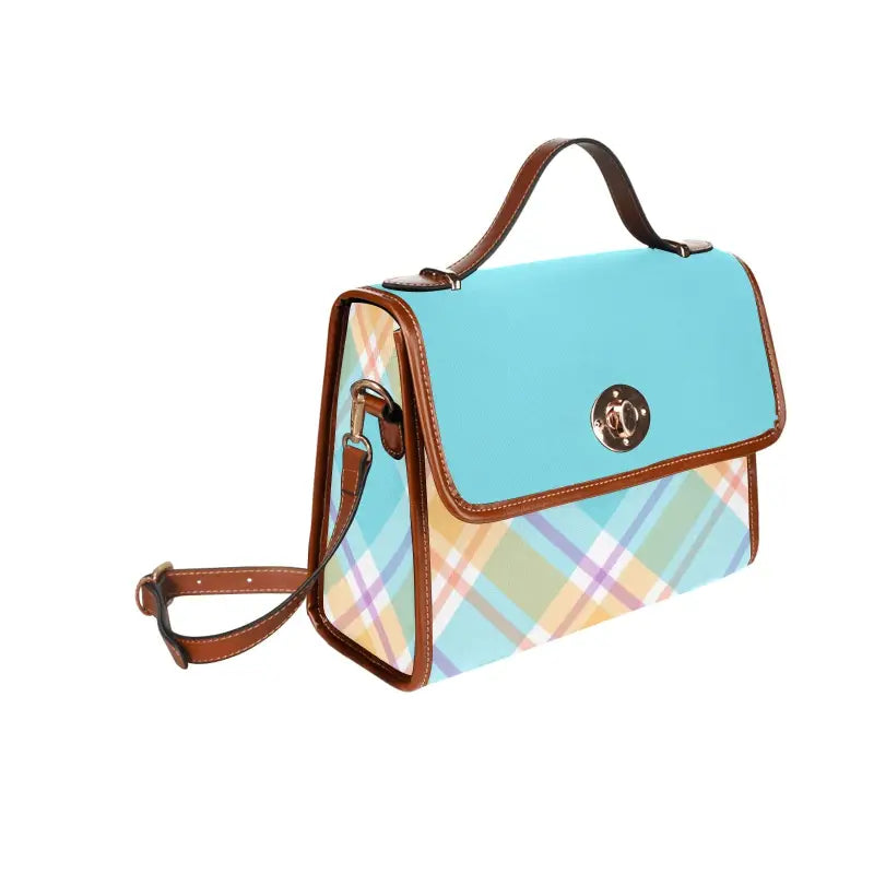 Turquoise and plaid handbag with brown leather trim, perfect blue plaid handbag for women