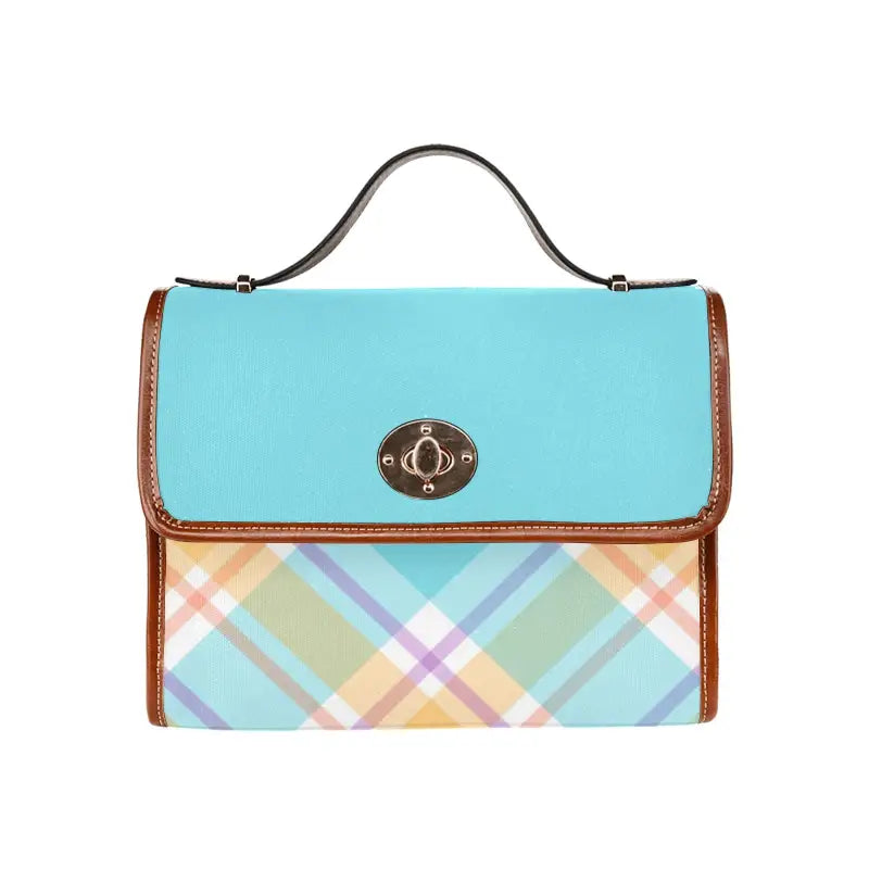 Turquoise and plaid handbag with brown leather trim perfect for stylish women’s blue plaid looks