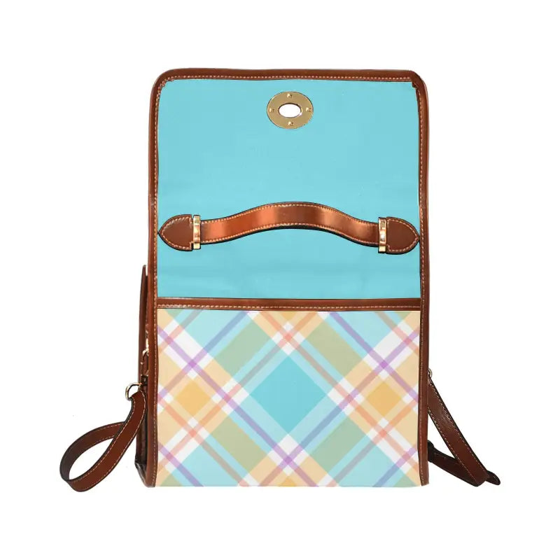Stylish women’s blue plaid handbag with trendy turquoise and plaid design