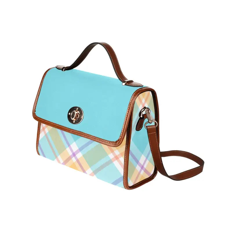 Stylish blue plaid handbag with turquoise tones and brown leather trim for women