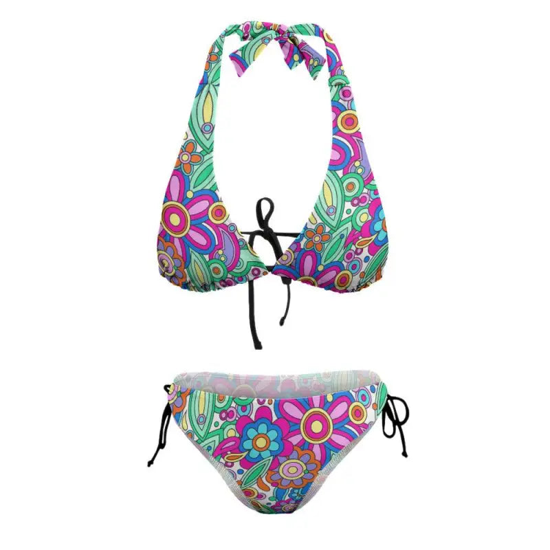 Ladies retro floral v-neck bikini with colorful halter top and tie-side bottoms