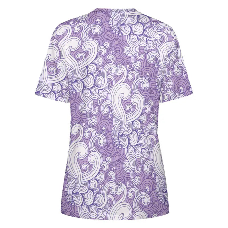 Stylish women’s purple swirl print cotton t-shirt with floral designs for a fun vibe