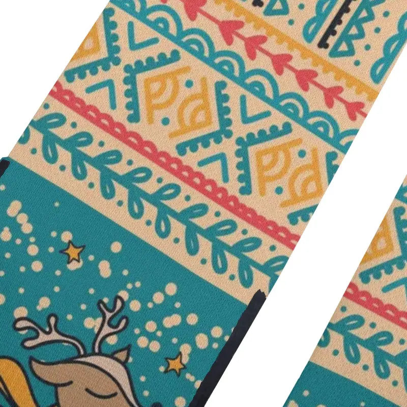 Colorful geometric fabric with a reindeer design for holiday spirit crew socks