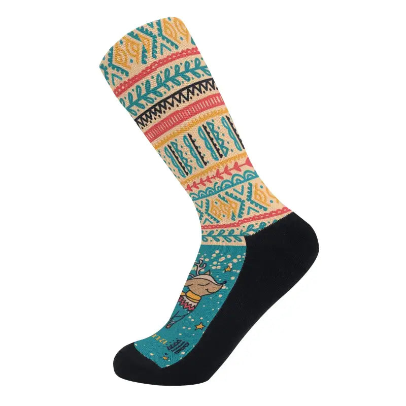 Colorful patterned sock with geometric designs for holiday spirit in custom Christmas crew socks