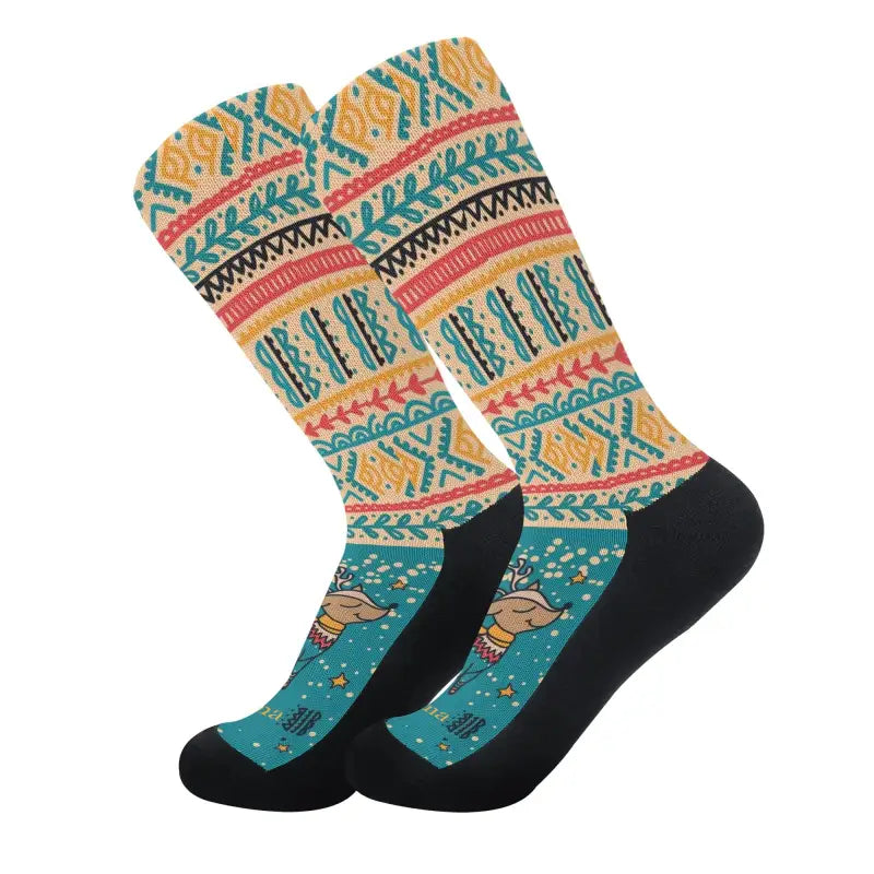 Colorful patterned socks with geometric designs for holiday spirit in Custom Name Christmas Crew Socks
