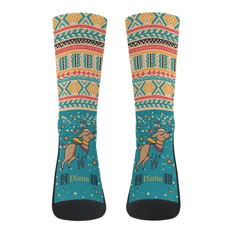 Colorful Reindeer Christmas Crew Socks with geometric motifs for your festive flair