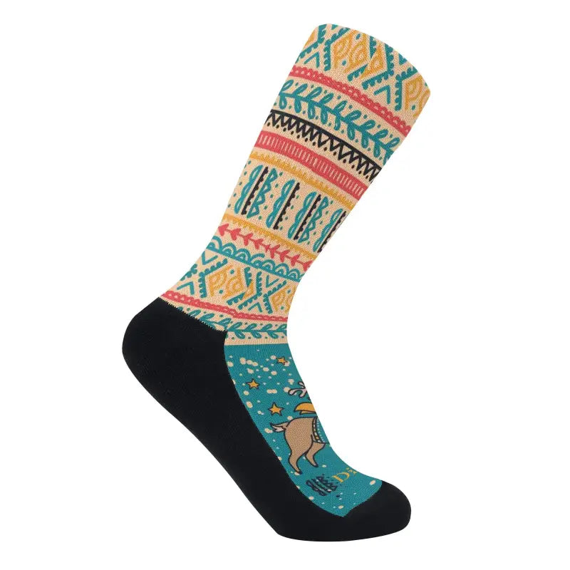 Colorful southwestern patterned sock with black toe for festive flair in custom Christmas crew socks