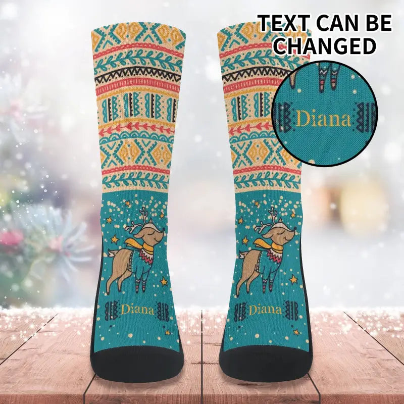 Custom Name Christmas Crew Socks with a fun reindeer design for holiday spirit and festive flair