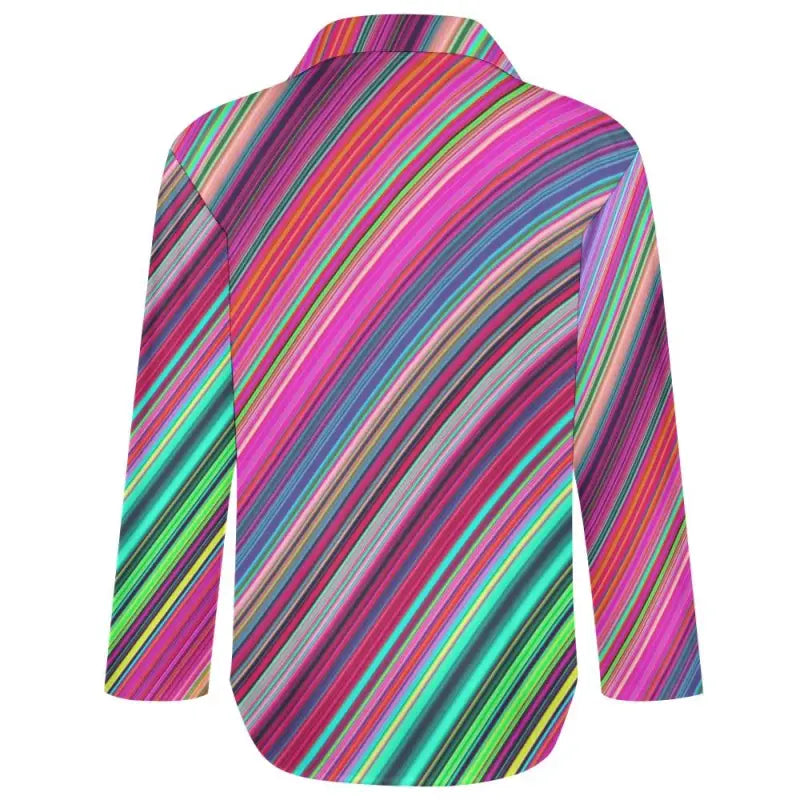 Colorful oversized women’s striped shirt with diagonal patterns and irregular hem