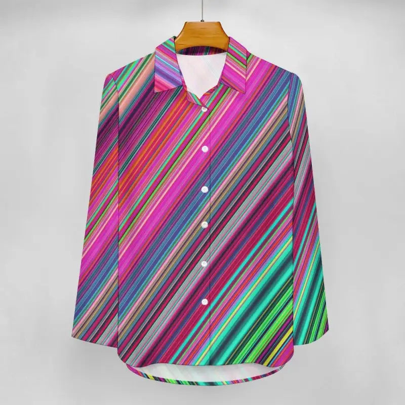 Colorful oversized women’s striped button-up shirt with a fun irregular hem