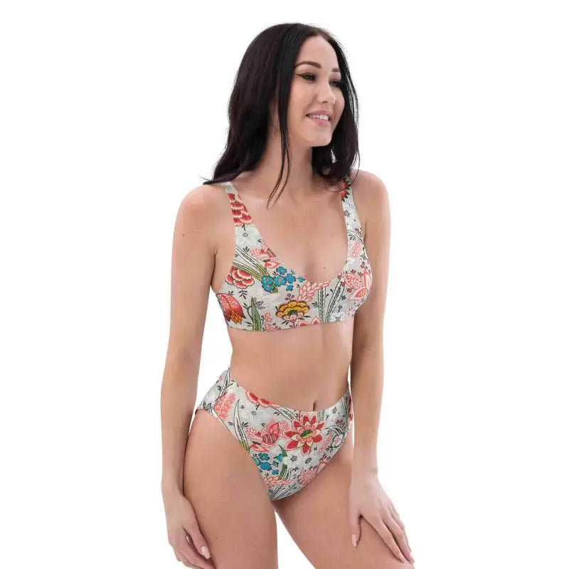 Floral high-waisted bikini featuring a bralette top for that retro beach vibe