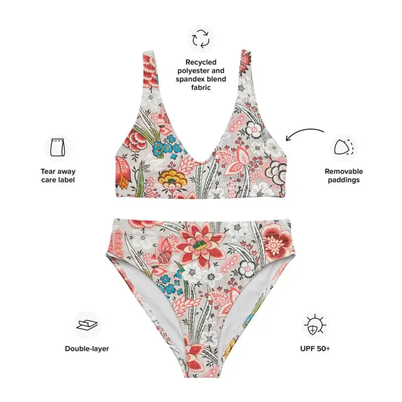 Floral high-waisted bikini with eco-friendly features for a chic beach vibe