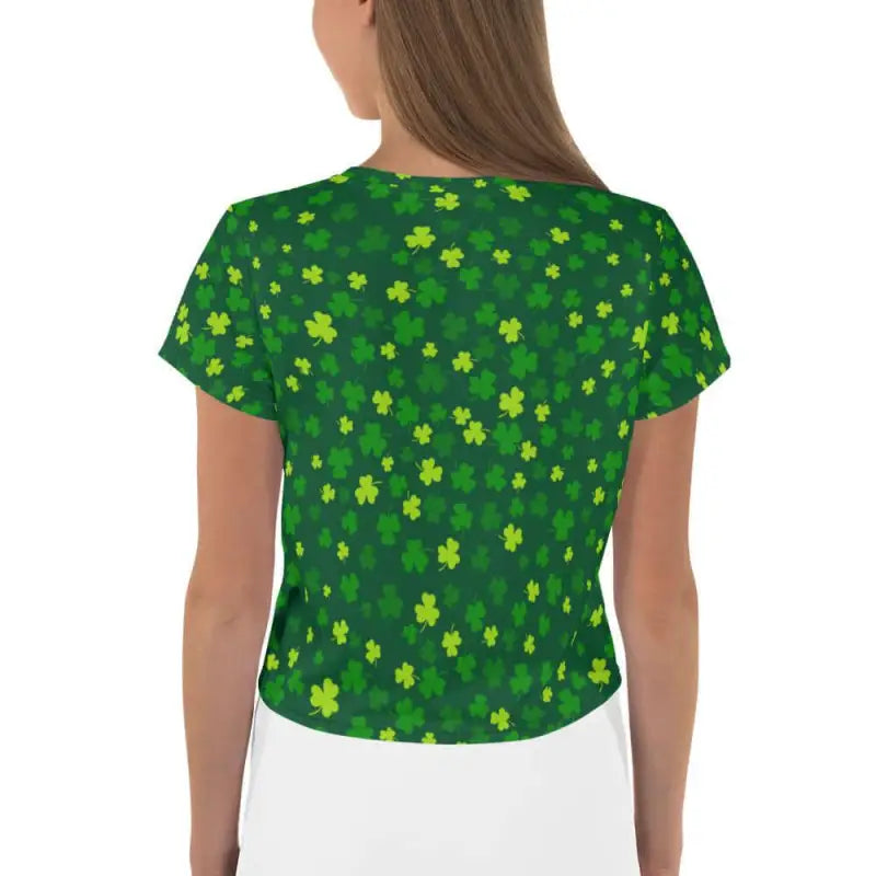 Green Shamrock Crop Tee features a fun shamrock and four-leaf clover pattern for luck