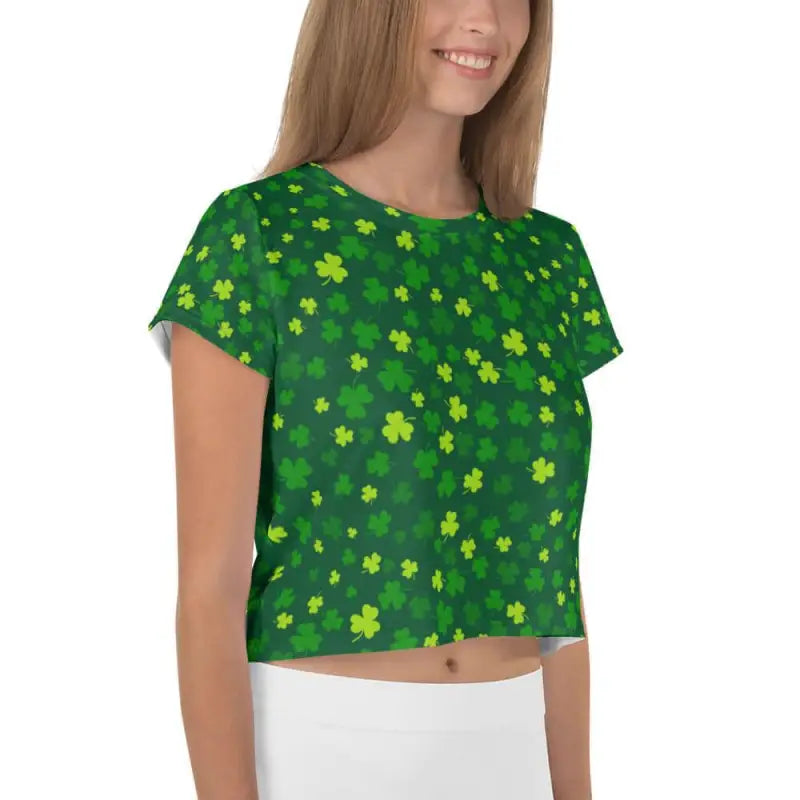 Green Shamrock Crop Tee with clover pattern for a lucky vibe every day
