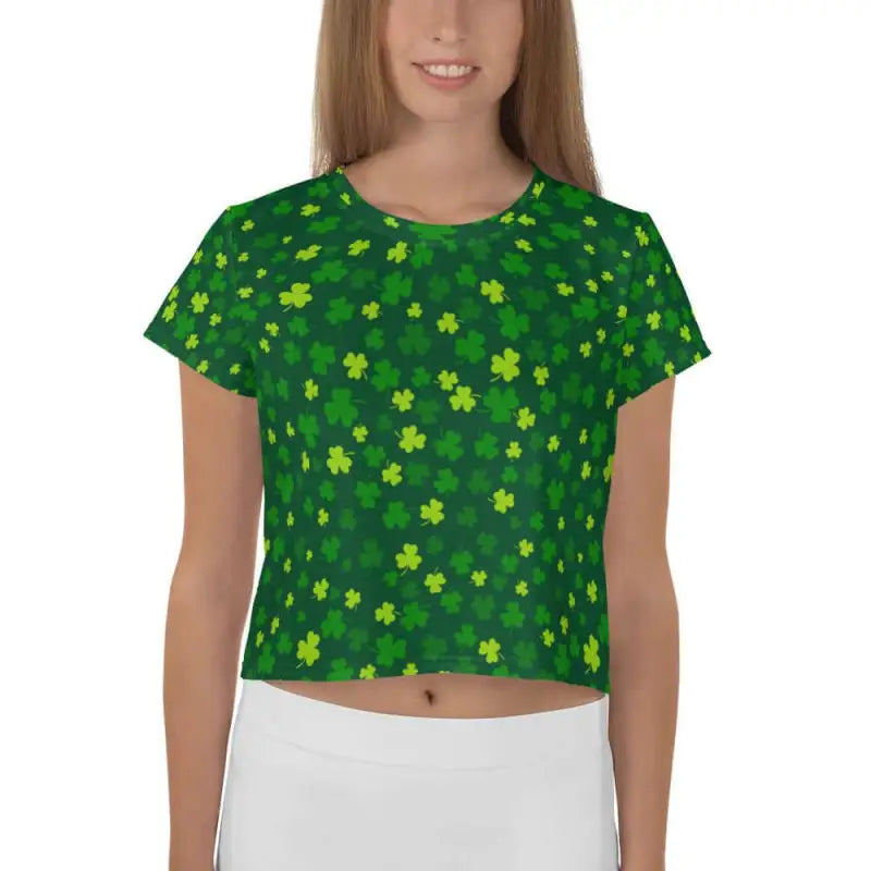 Green shamrock crop tee with a fun clover pattern for a lucky vibe every day