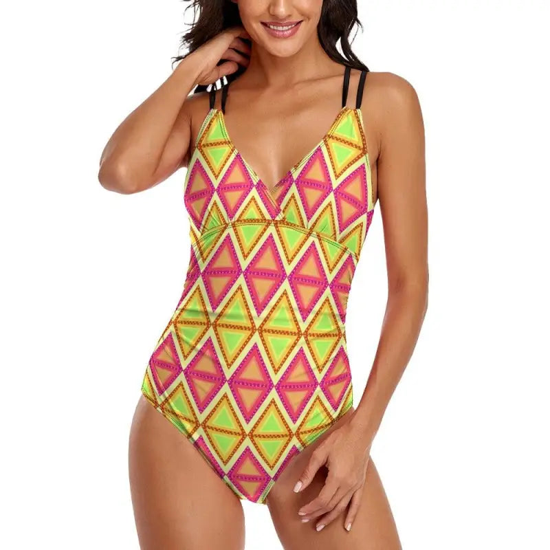 Colorful women’s multicolored geometric print one-piece swimsuit with triangle pattern
