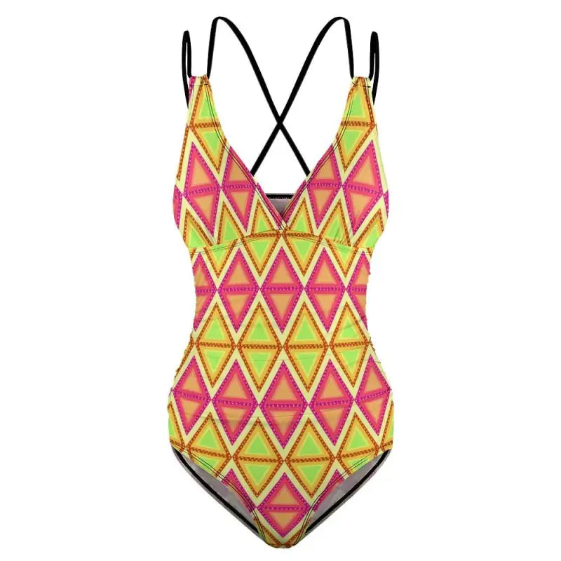 Colorful women’s multicolored geometric print one-piece swimsuit in vibrant pink, yellow, green