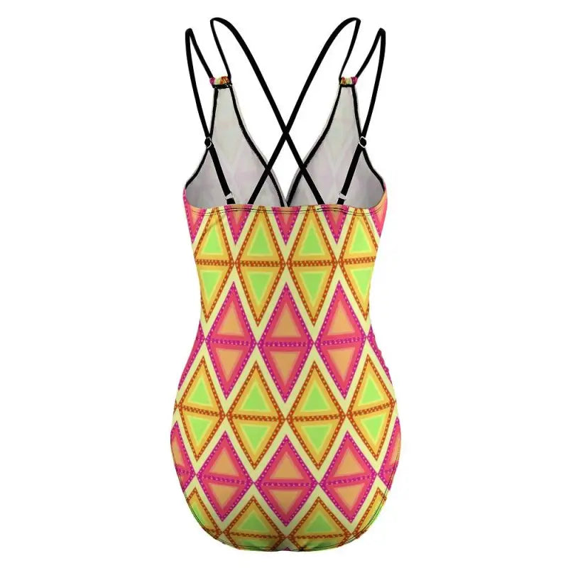 Colorful one-piece swimsuit with geometric triangle print in yellow, pink, and green