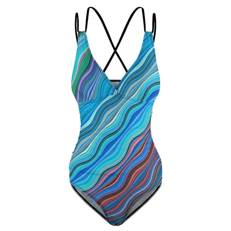 Colorful women’s blue geometric multi color one-piece swimsuit with wavy patterns