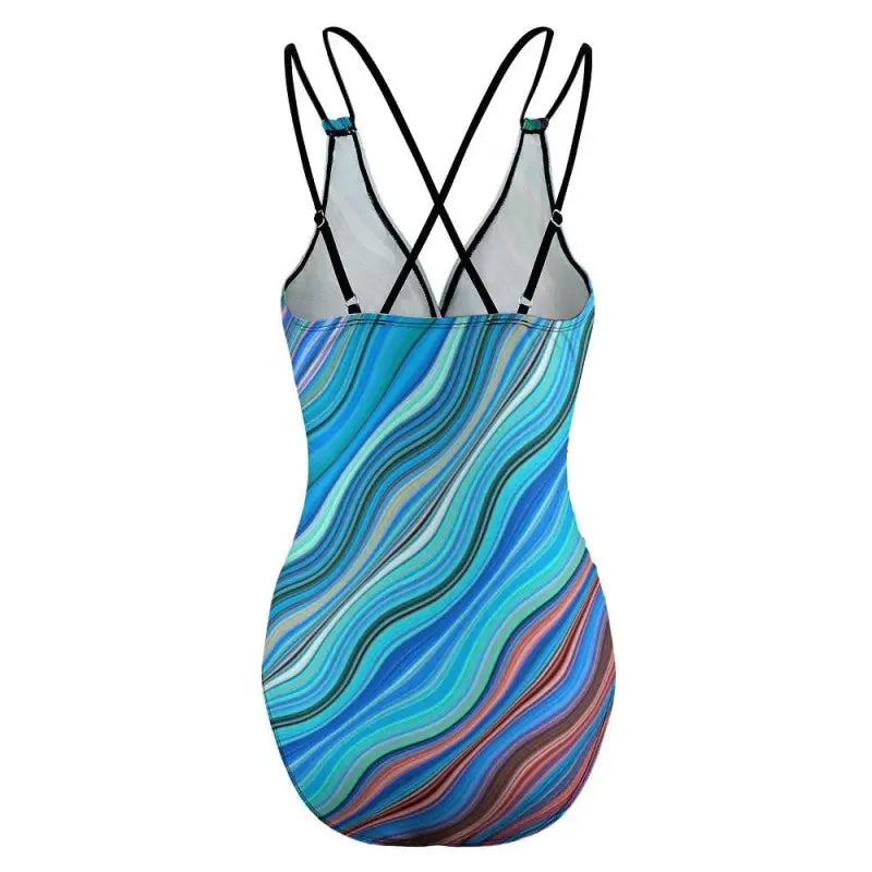 Colorful women’s blue geometric multi color one-piece swimsuit with wavy patterns and black straps