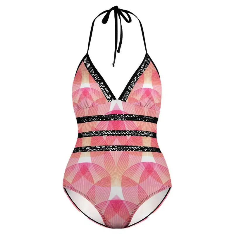 Stylish Pink Geometric Print Swimsuit with Black Sequined Trim for a fun beach day