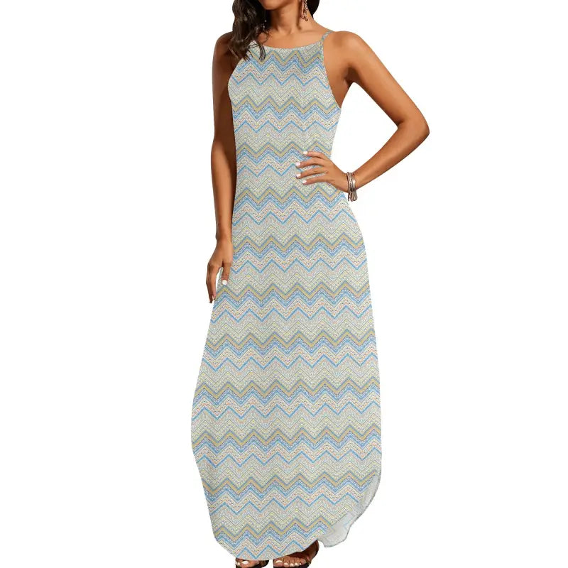 Sleeveless womens chevron spaghetti strap maxi dress in soft blue and gray tones