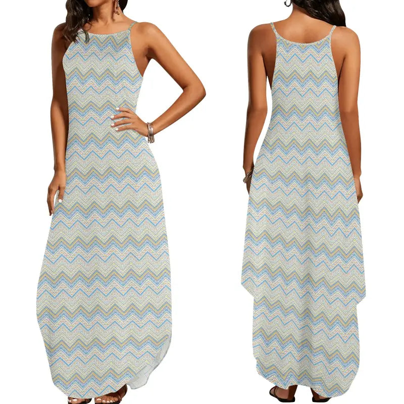Sleeveless womens chevron spaghetti strap maxi dress in soft blue and gray tones