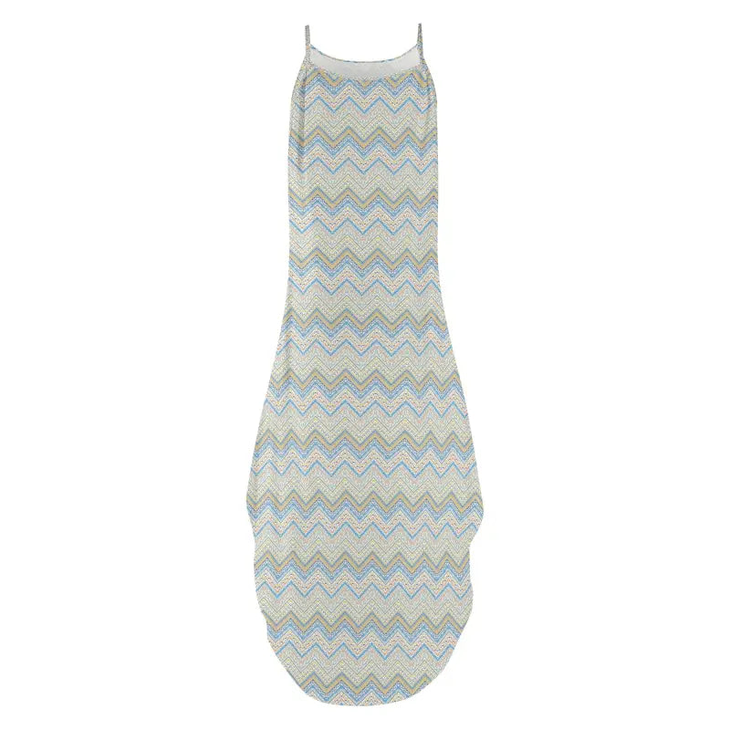 Sleeveless womens chevron spaghetti strap maxi dress in soft blue and gray tones