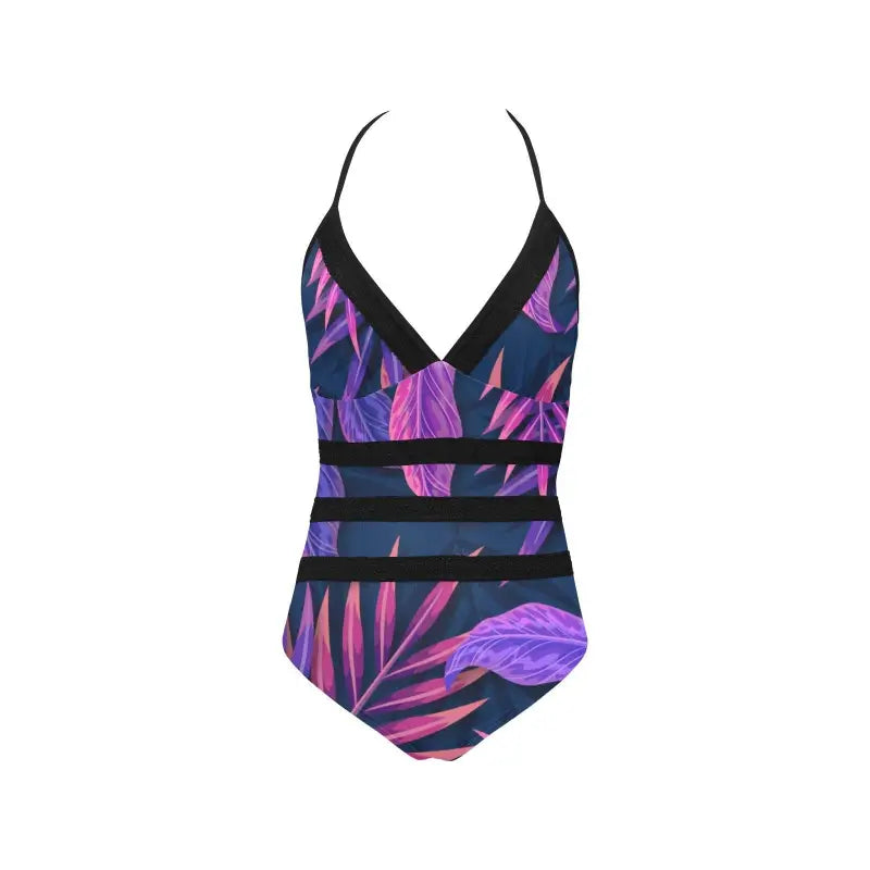 Purple Tropical Lace Swimsuit with mesh panels and black straps for sunny vibes