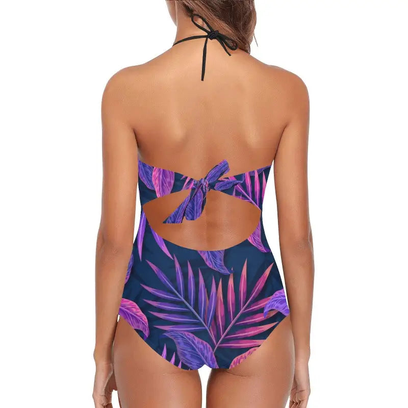 Purple Tropical Lace swimsuit with halter neck and back cutout for fun beach vibes