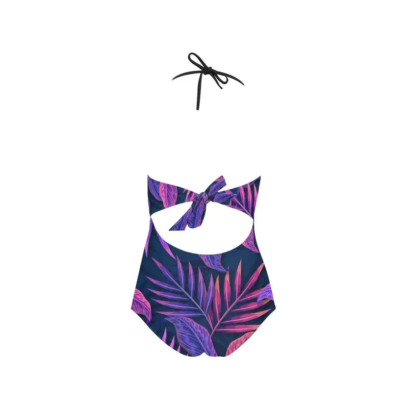 One-piece purple tropical lace swimsuit with cutout and bow, perfect for summer vibes