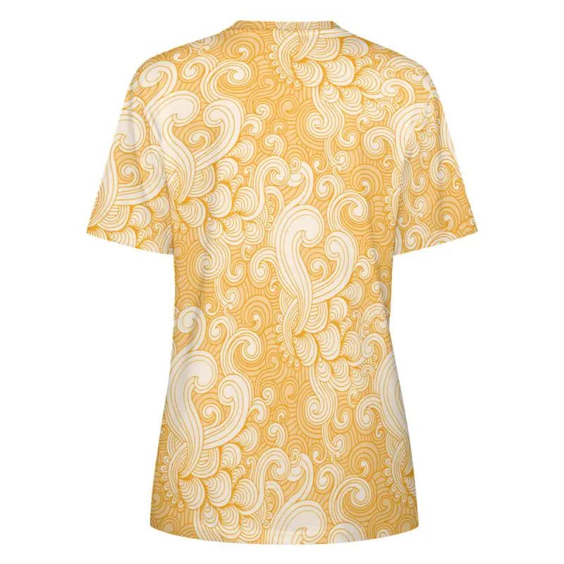 Yellow swirl print t-shirt featuring a unique paisley design perfect for women’s fashion