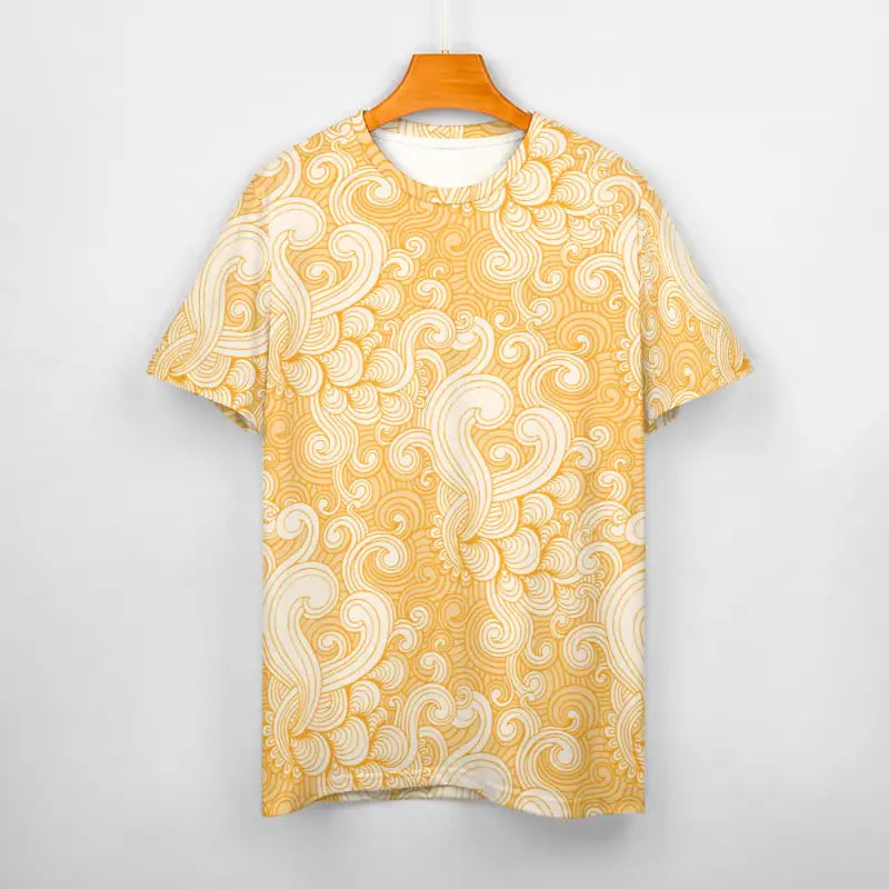 Yellow swirl print t-shirt for women featuring a fun white paisley design