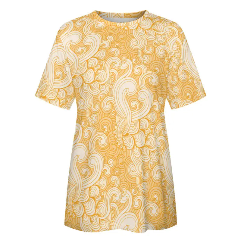 Yellow swirl print t-shirt featuring a vibrant paisley pattern for women
