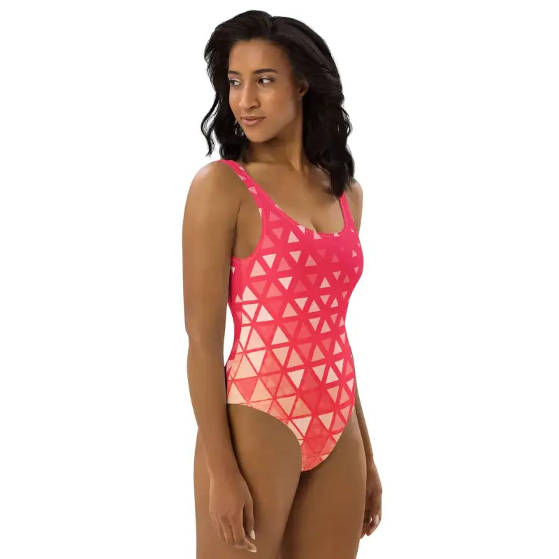 Stylish orange geometric print one-piece swimsuit with a fun triangle pattern