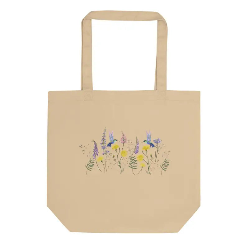 Beige tote bag with floral design, perfect for your Wildflower Hummingbird Eco Tote style