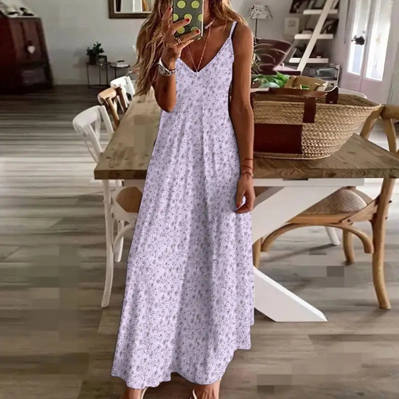Floral ankle length maxi dress in lavender with spaghetti straps and V-neckline
