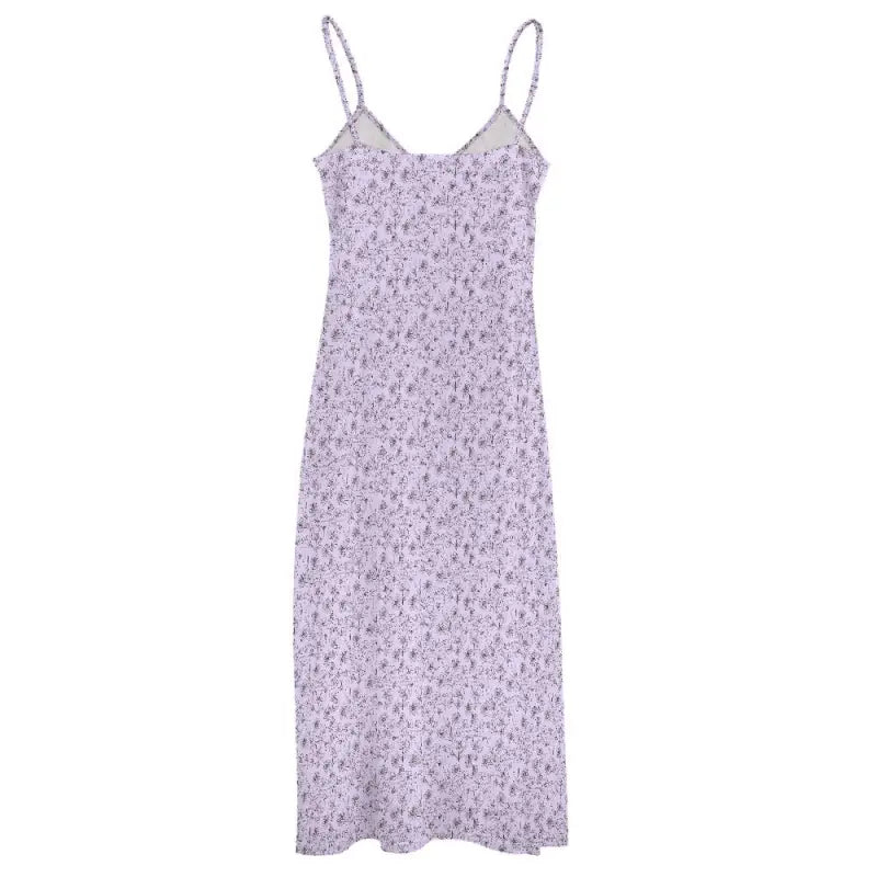 Lavender floral ankle length maxi dress with thin straps perfect for any occasion